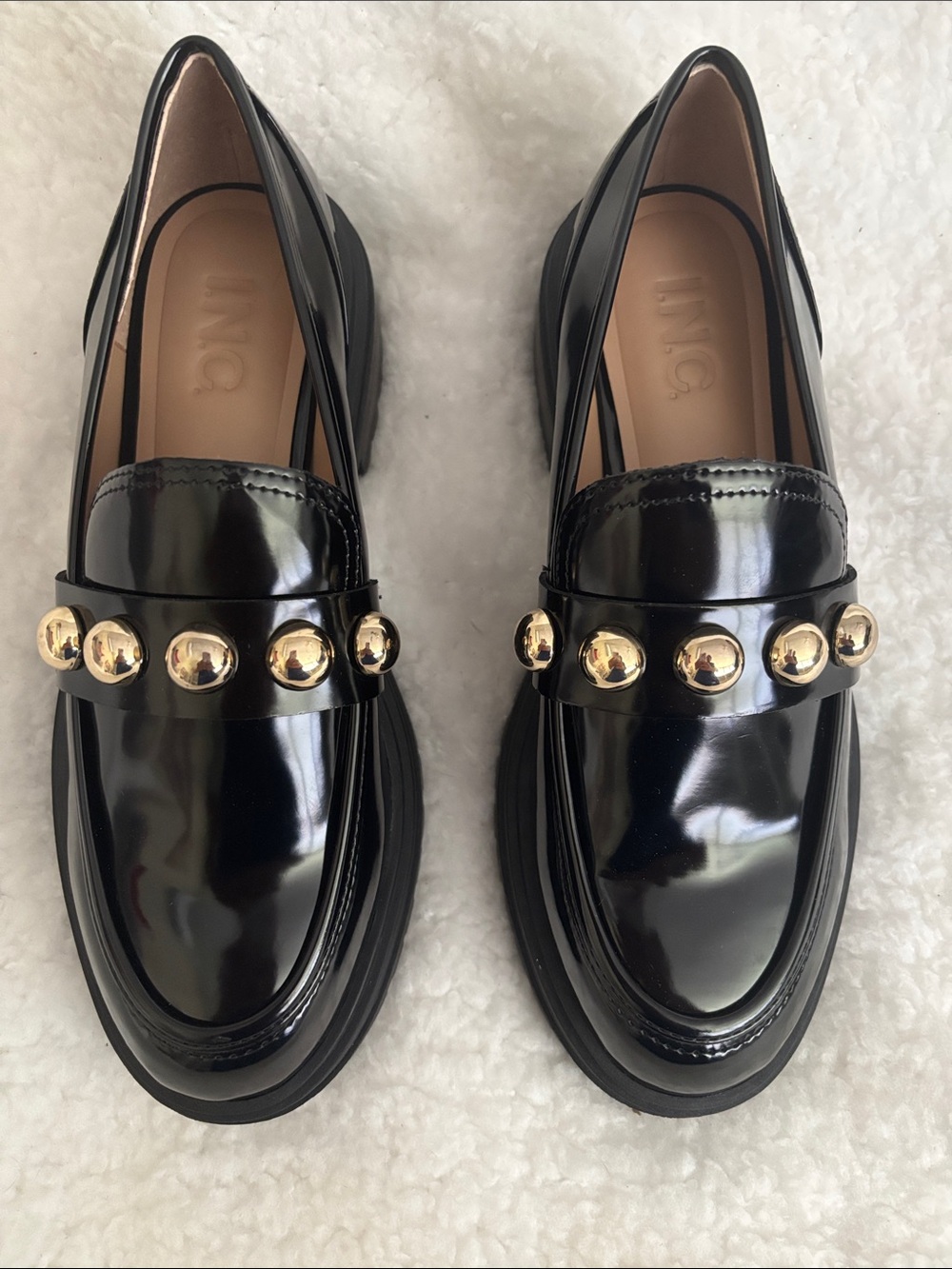 INC International Concepts Black Patent Loafers with Gold Studs
